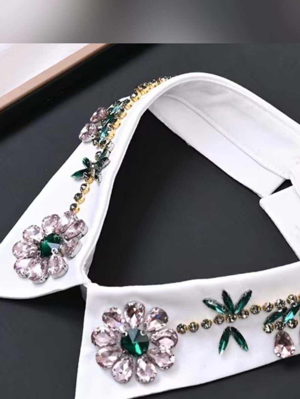 Embellished White Detachable Collar with Pink and Green Gem Flowers